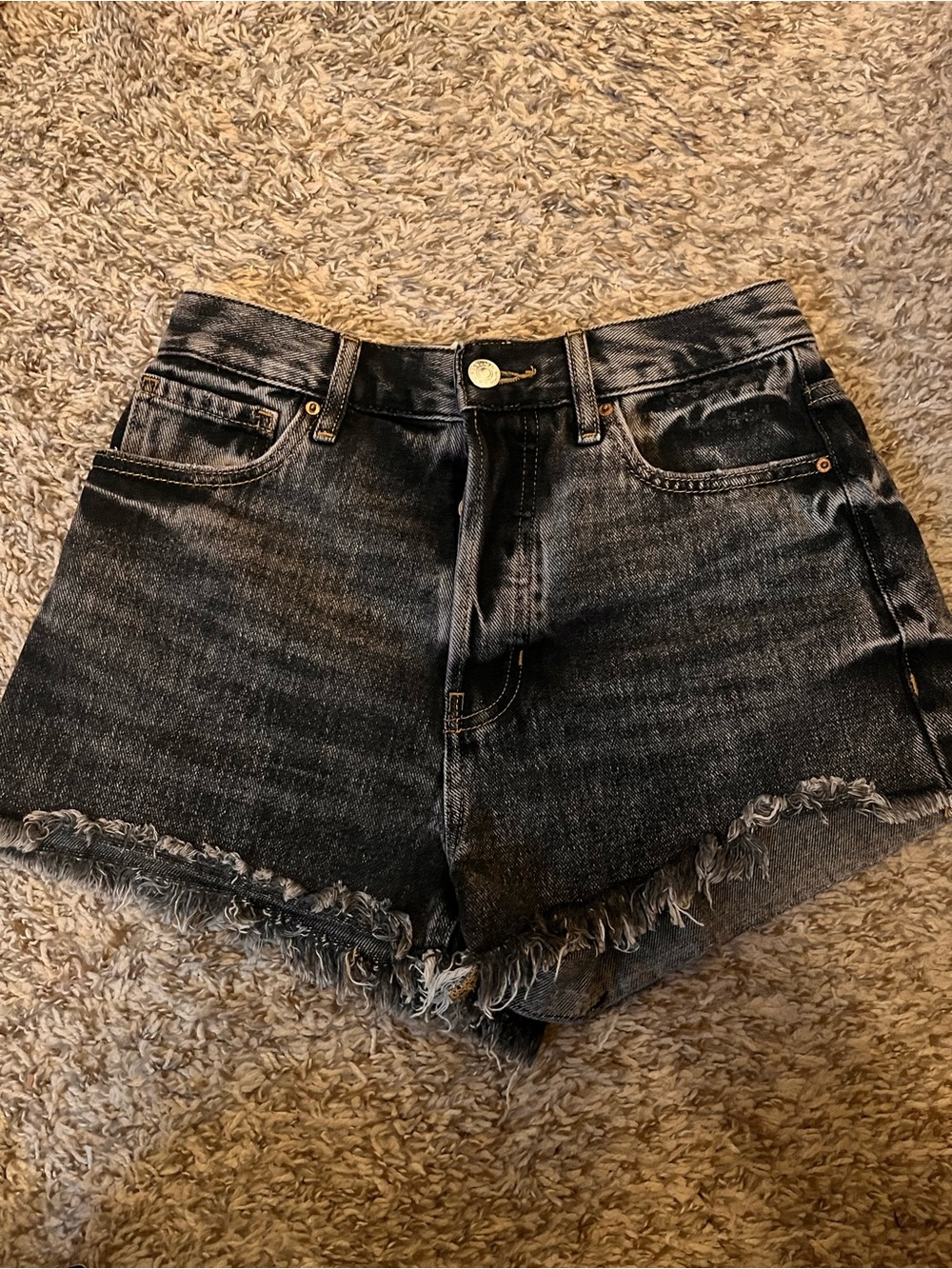 High-Rise Black Wash Frayed Hem Denim Shorts